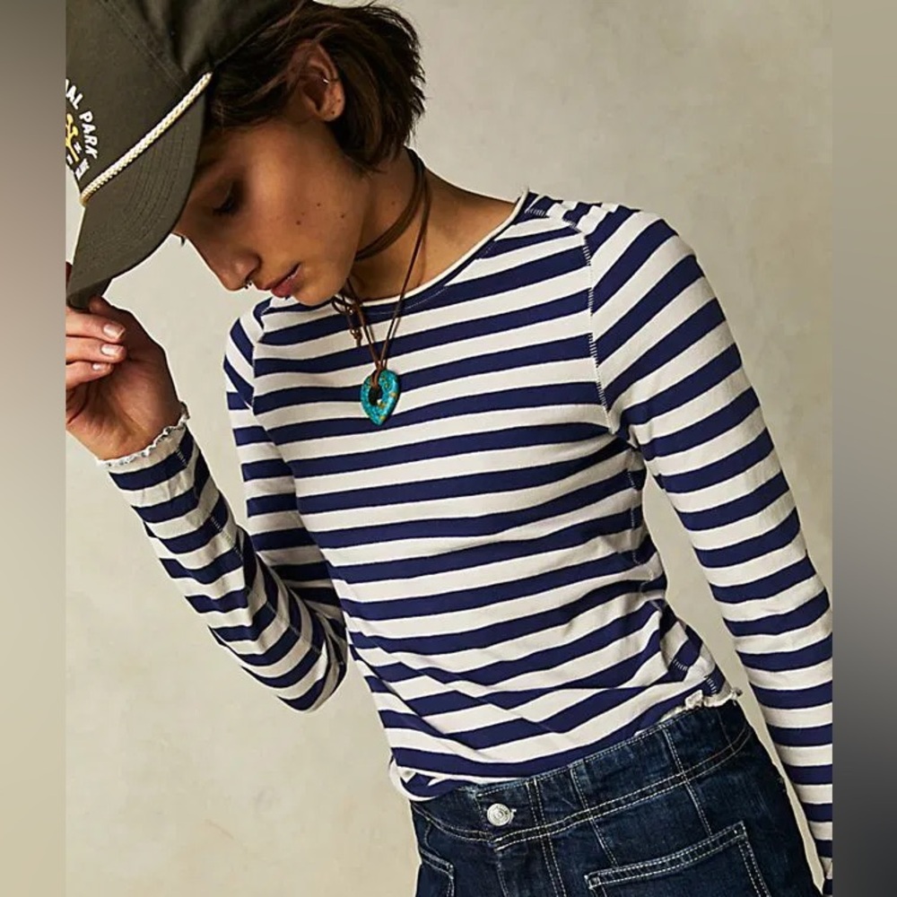Free People We The Free Be My Baby Blue and White Striped Long Sleeve